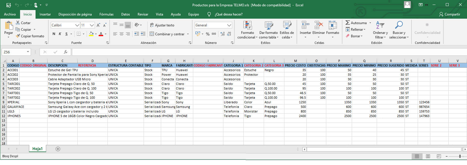 Producto Nuevo Masivo Excel 1
