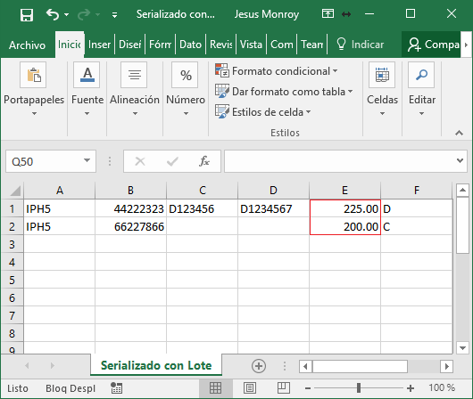 Ingreso con Costo Existencia Masiva Serializado con Lote