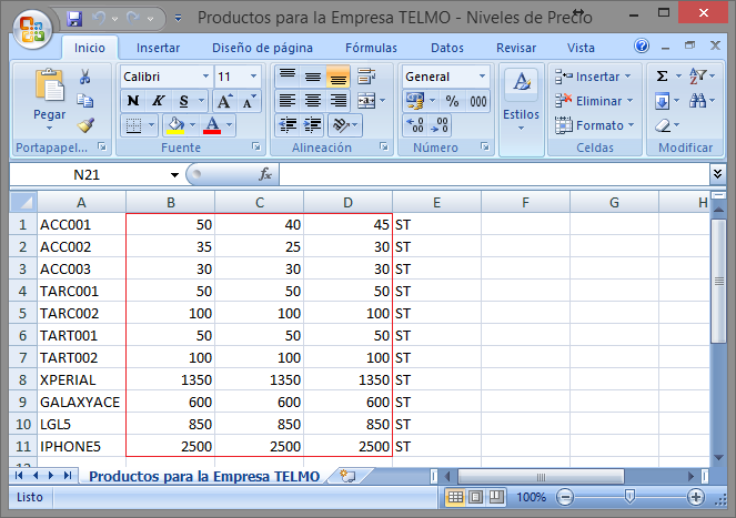 Niveles de Precio CSV
