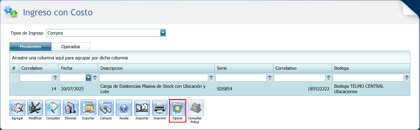Ingreso con Costo Stock con Ubicacion y Lote Operar