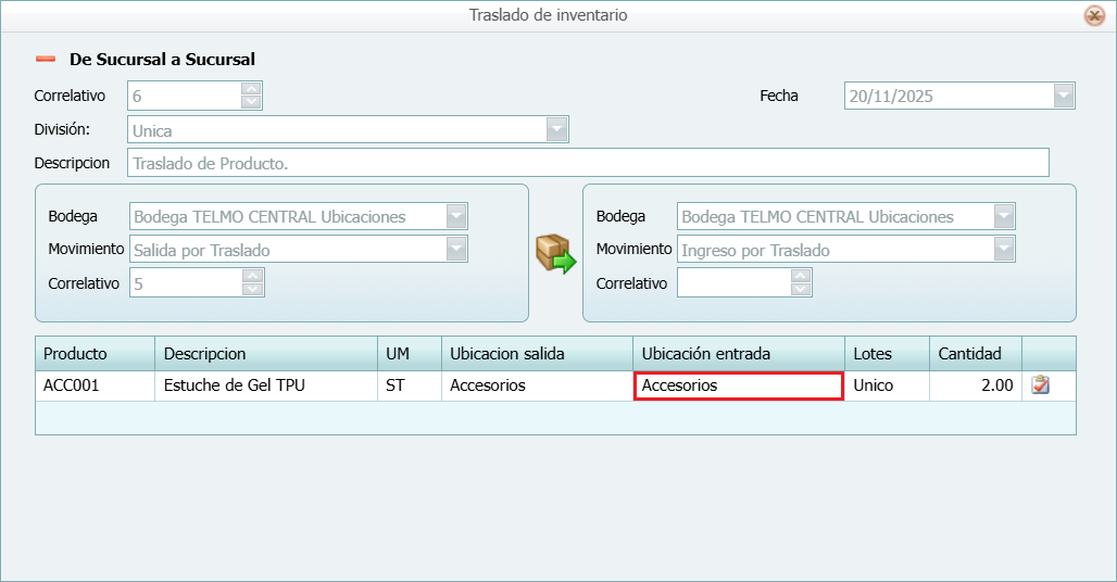 Inventario Traslado con Ubicacion Recepcion Ubicada