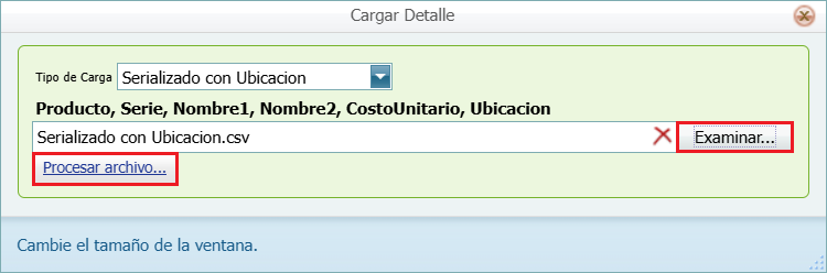 Ingreso con Costo Masivo Serializado con Ubicacion Procesar