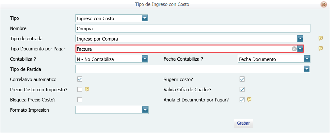 Tipos de Ingreso Compra Credito