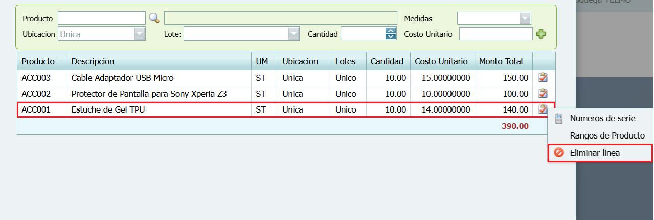 Compra Ordenes Recepcion de Inventario Eliminar Producto
