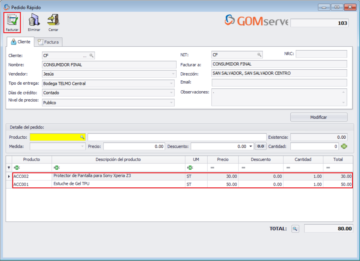 GOMserver Windows Factura Rapida Productos