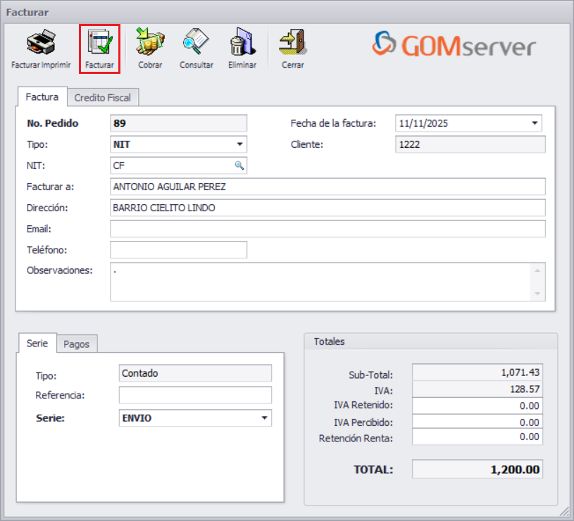 GOM server Pedido Facturar Boton