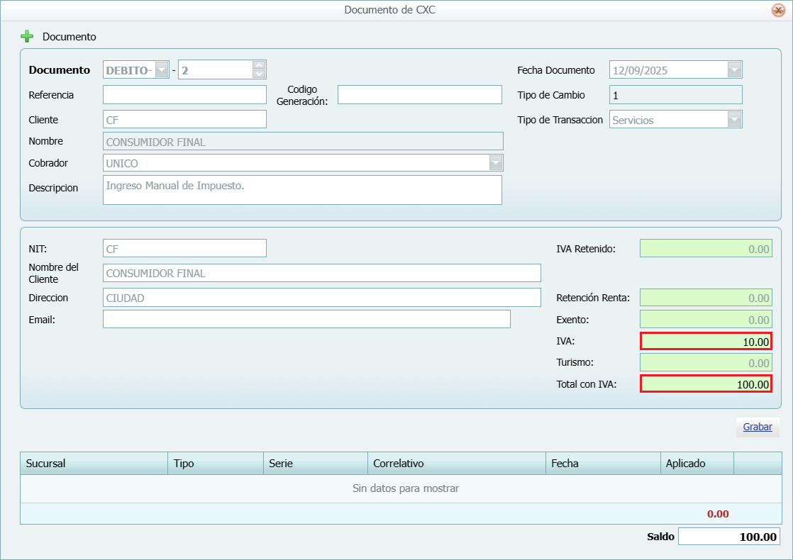 Cuantas Por Cobrar Tipo de Movimento Ingreso Manual Debito