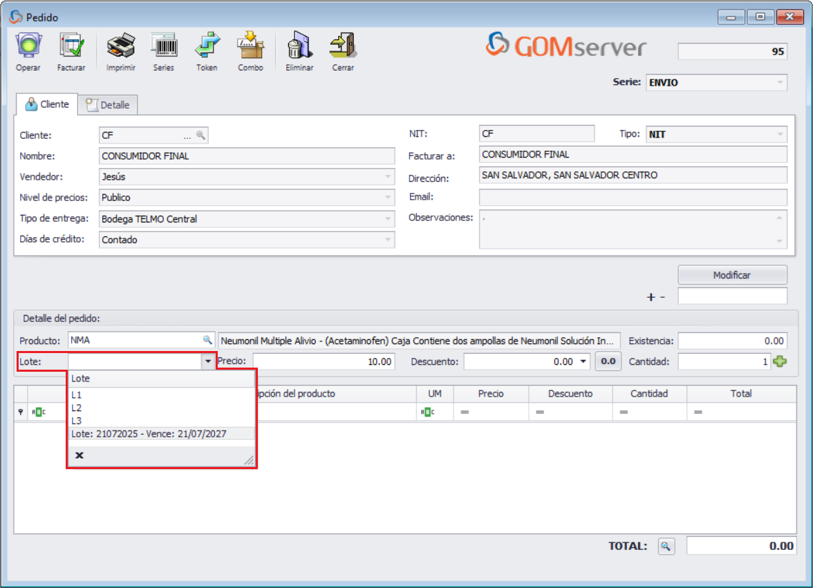 GOM server Pedido Agregar Lote