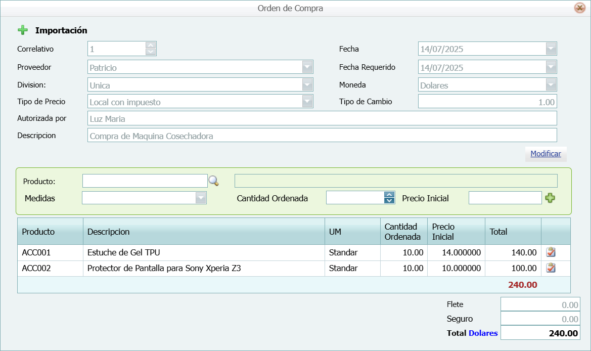 Compra Ordenes Encabezado Productos