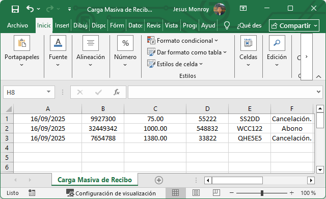 Cuentas por Cobrar Recibo Importar Excel